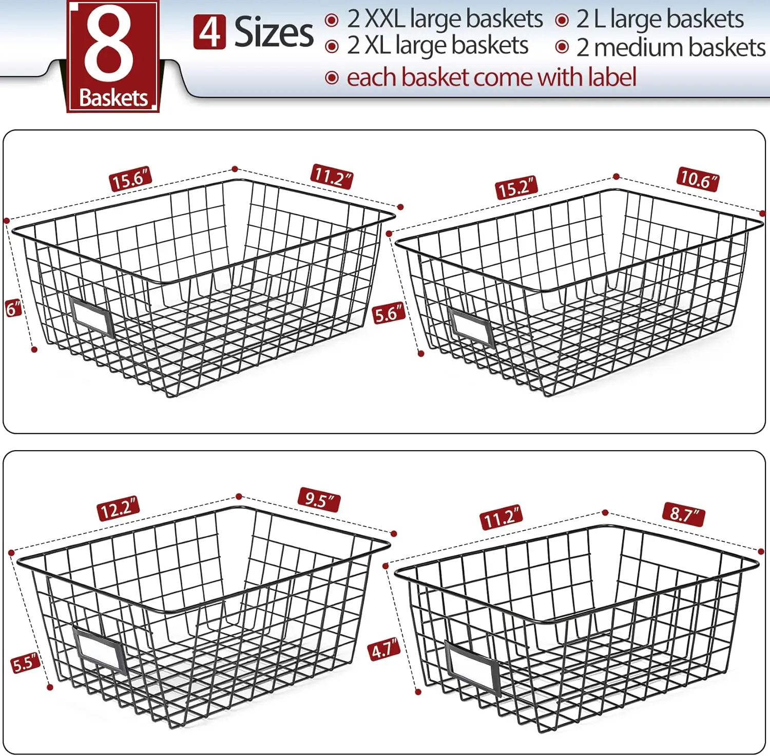 8 Set, Extra Large Wire Baskets for Organizing with Lables,Cabinet Pantry Organization and Storage Bins-Metal Basket for Kitchen