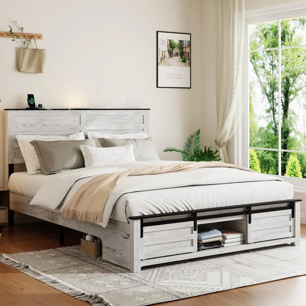 

Full Size Bed Frame with Headboard, Boho White Farmhouse Storage Bedframe with Sliding Barn Door Footboard and Charging Station,