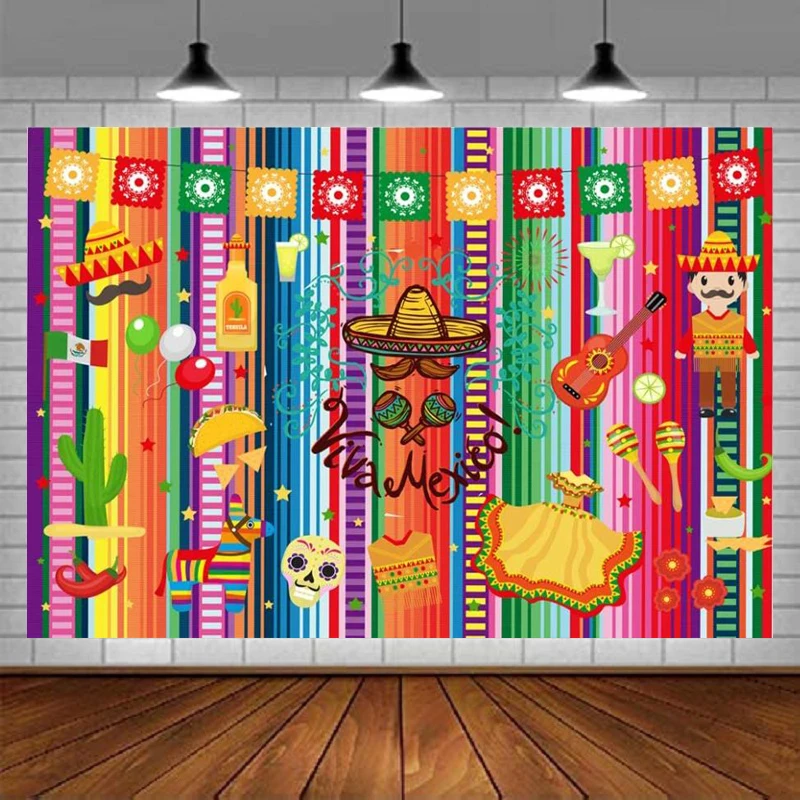 Mexico Fiesta Party Photography Backdrop Carnival Dress-up Baby Shower Birthday Decor Banner Colorful Strips Background