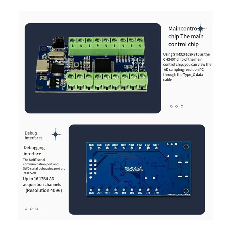 อินเทอร์เฟซ USB 16ช่อง12Bit บิตการเก็บข้อมูลการสุ่มตัวอย่างโฆษณา STM32โมดูลการสื่อสาร UART ADC