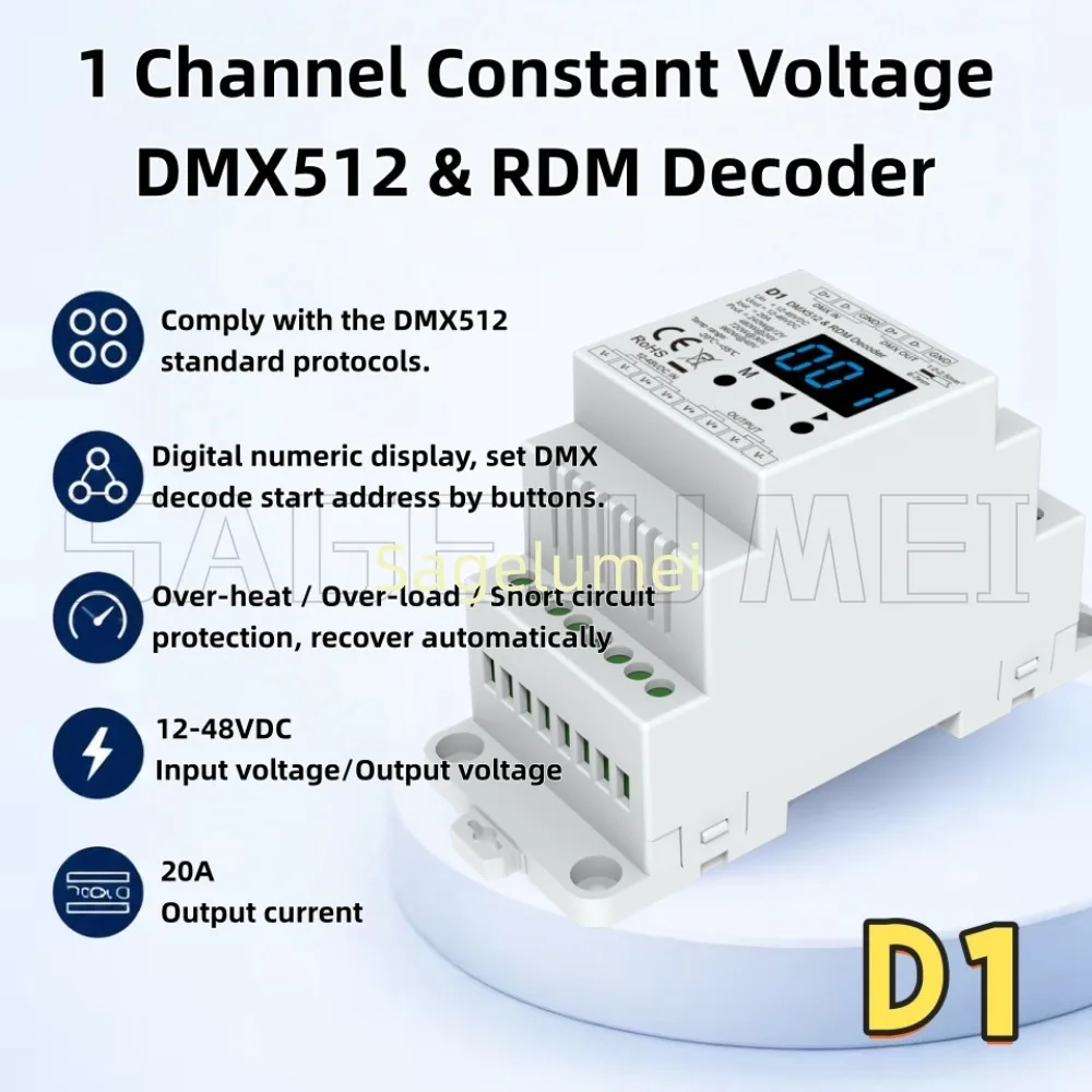 Skydance D1 1CH*20A 1 Channel Constant Voltage DMX512 & RDM Decoder Digital numeric display 12-48VDC for Single color LED strip