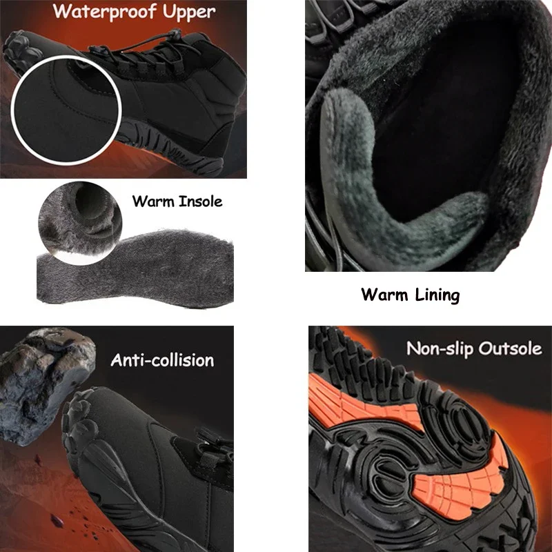 Winter Barefoot Boots Men Waterproof Winter Sneakers Ankle Snow Shoes Plush Hiking Boots Warm Sporting Shoes Big Size 47 Black