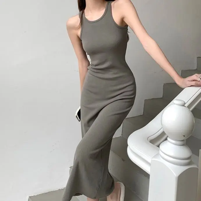 

2023 Spring and Summer New High Collar Sleeveless Bottom Long Dress Korean Sexy Dress women dress Sheath O-Neck