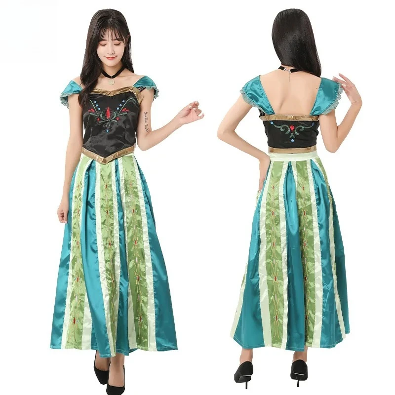 Elegante Vestido de Cosplay Color Verde Azulado y Negro - Top Corset con Falda Larga Estampada y Gargantilla, Atuendo de Personaje para Fiestas de Disfraces Temáticas