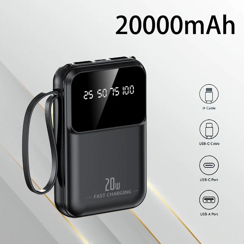 

Portable Mini Power Bank Fast Charging Built-in Cable 10000mAh 20000mAh High Capacity Lightweight for Daily Travel Outdoor