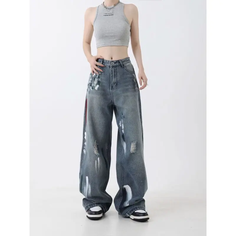 

MiiiiX American Retro High Street Ripped Jeans Women Long Pants Autumn 2024 New Loose Graffiti Print Straight Wide Leg Trousers