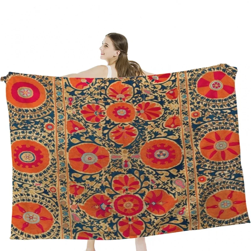 Kermina Suzani Uzbekistan Floral Embroidery Print Throw Blanket Soft Velvet Blanket Travel Bedding Blanket