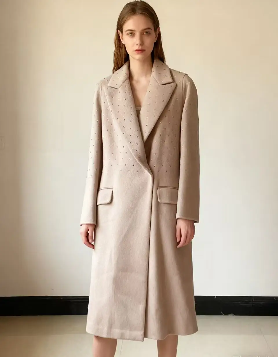 

Khaki Korean-Style Long-Line Blazer for Women Slimming&Elegant Long Wool-Blend Coat