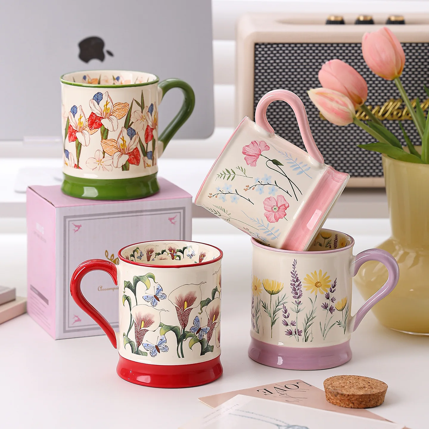 Blooming Flowers Design Ceramic Mug, High Aesthetic New Minimalist Breakfast Water Cup, Elegant Souvenir Gift, Modern Drinkware