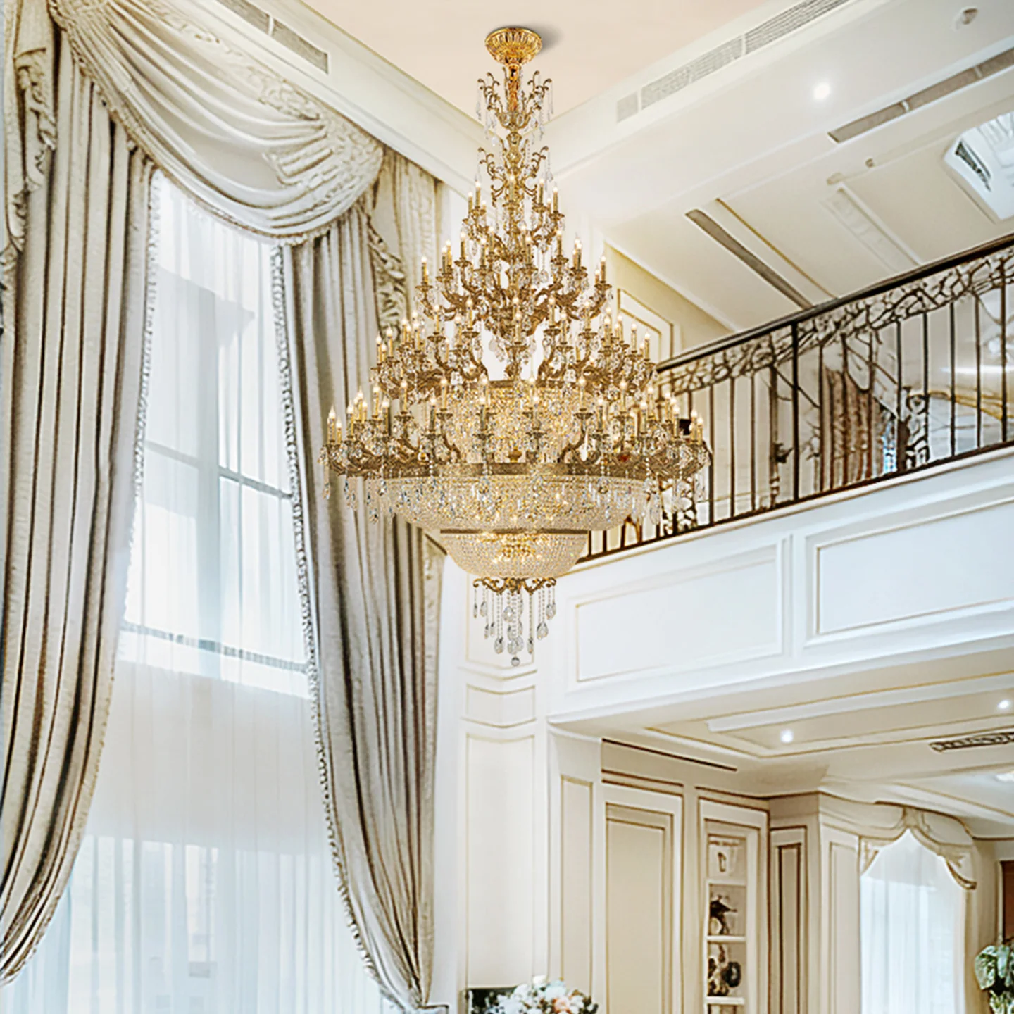 European Rococo Design Villa Living Room Luxury Crystal Indoor Chandelier Hotel Duplex Brass Big Pendant Lamp