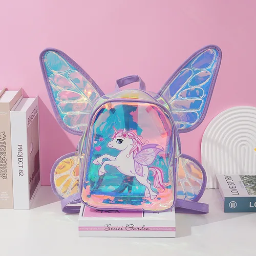 Nueva mochila de moda con alas de mariposa, mochila para niños, bonita mochila transparente de TPU con unicornio, mochila de moda