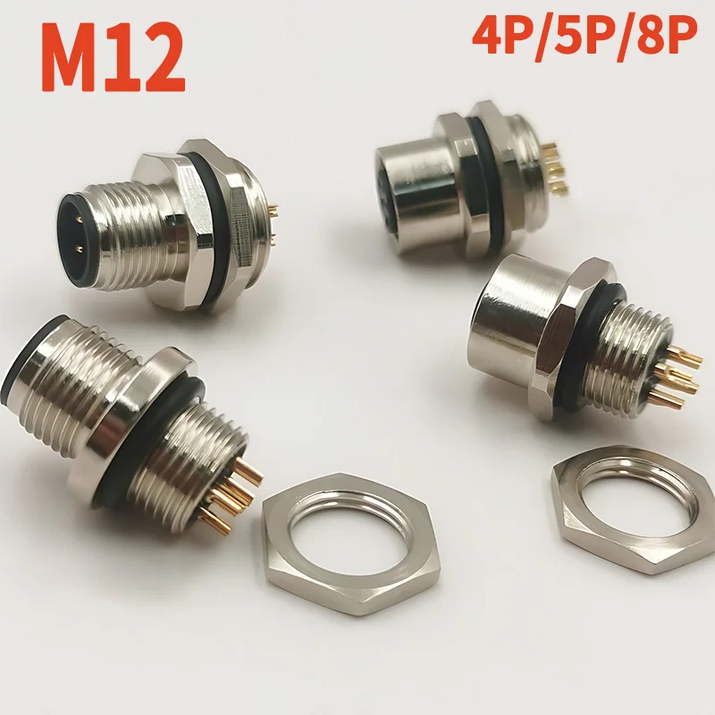 1pcs M12 4pin 5 8Pin Sensor Connector Panel Back Mount Waterproof Flange Socket Threaded Coupling Male&Female A Code Connectors