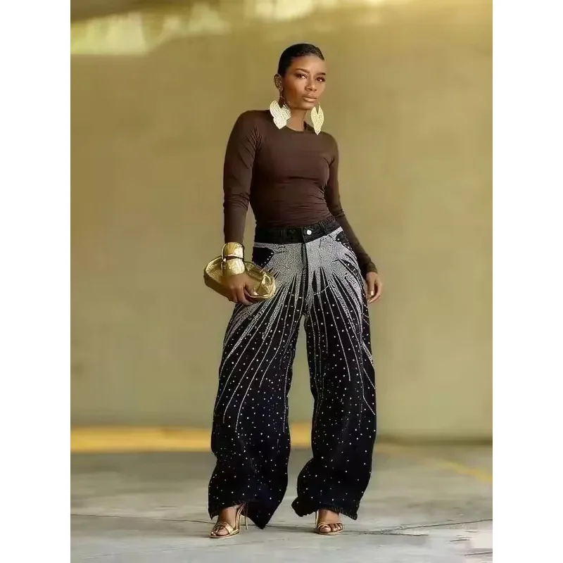 BKQU Scattering Star Rhinestone Straight Jeans Y2K Women Fashion Street High Waist Loose Wide Leg Denim Pants 2026 Trend Jeans