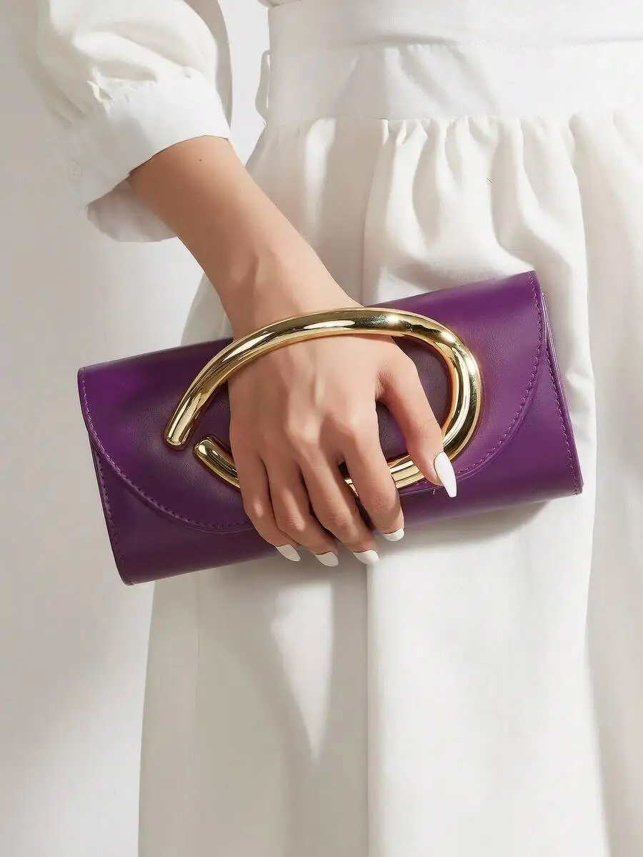 

Purple PU Clutch with Gold-Tone Handle, Elegant Evening Bag for Women