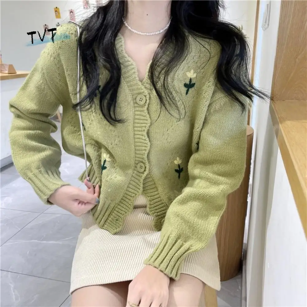 

Vintage Candy Color Short Knitted Sweater Flower Embroidery Slim Women Knitted Cardigan INS Long Sleeve Korean Style Sweater JK