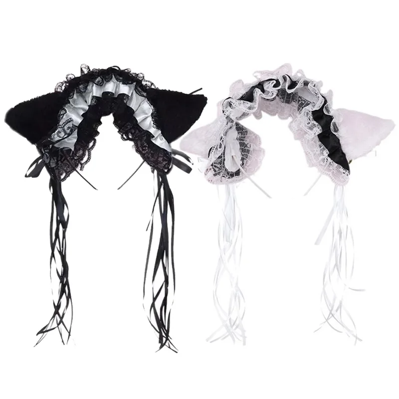 Lolita Maid Hairband Women Girls Ruffles Lace Hair Bands Cat Ears Ribbon Bell Cosplay Headband Kawaii Head Wrap Hair Accessories