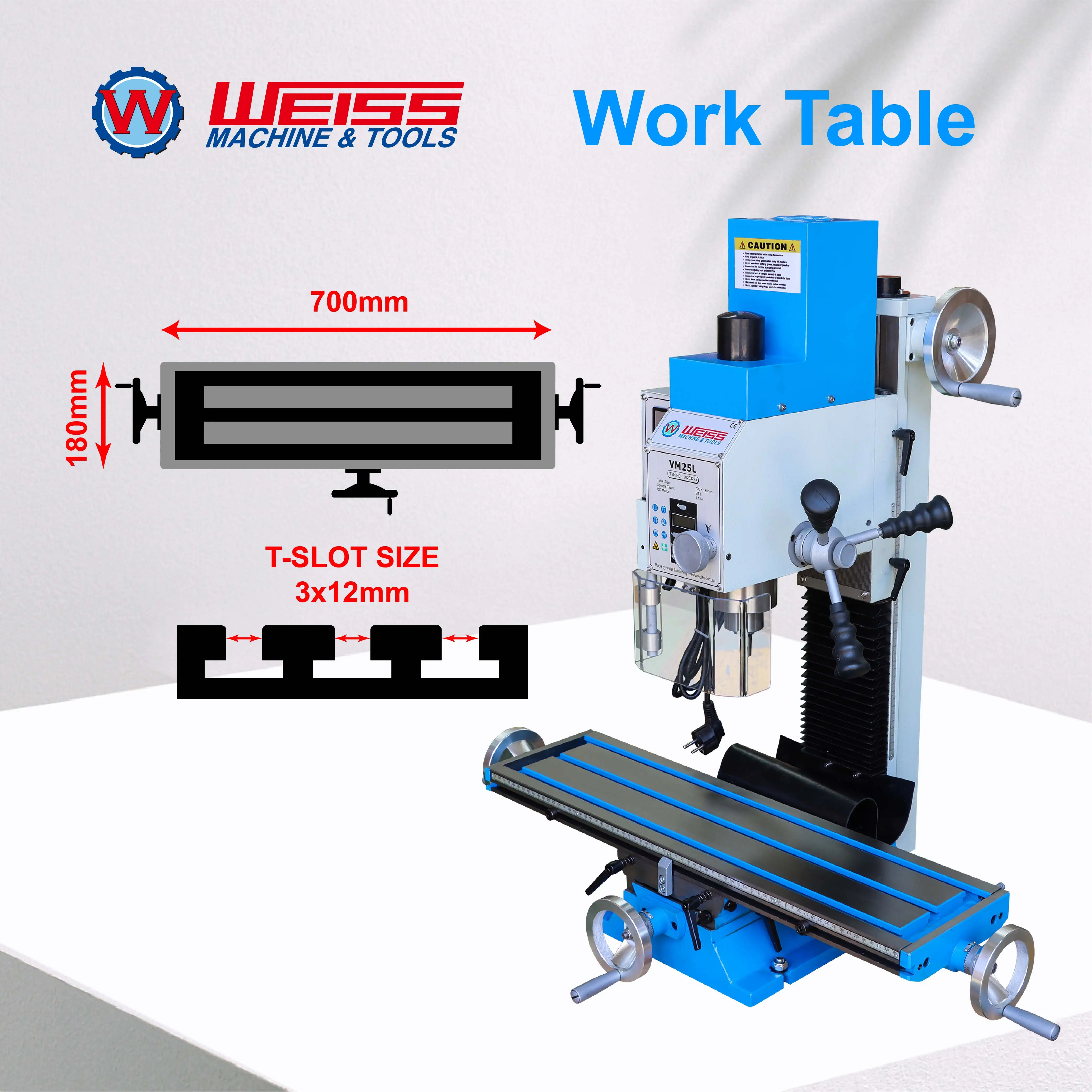 WEISS Milling Machine VM25L 1100W Brushless Motor Mill Drill MT3 R8 Variable Speed 2250rpm for Precision Machining