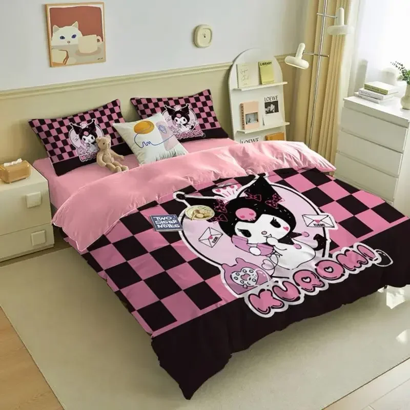 100% Cotton Cute Kuromi Four-piece Cotton Bed Sheet Quilt Cover Pillowcase Children's Bedding 3-piece Set Sanrio Series