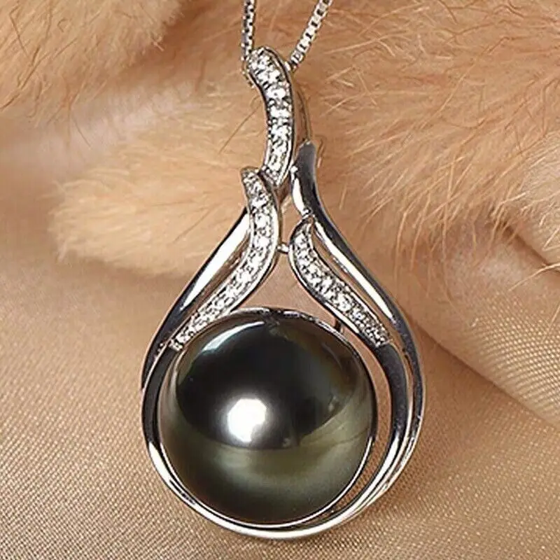 

“Hot Round AAA++ 10-11mm South Sea Genuine Black STUD Pearl Pendant Necklace 925s”