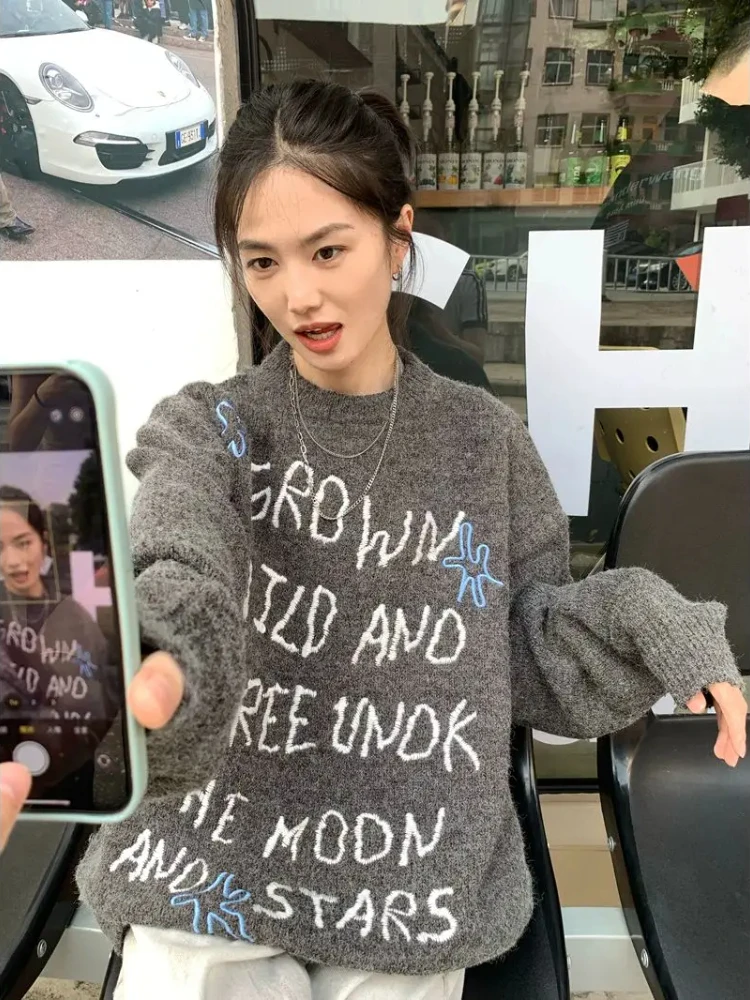 Letter Embroidery Knitted Pullover Women Autumn Winter O Neck Loose Sweater Korean Style Casual Versatile Suéteres Tops