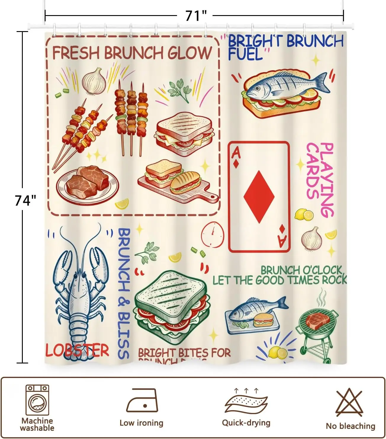 Brunch Decor Shower Curtain Retro Food Pattern Kitchen Bathroom Tile Wallpaper Funny Meal Lover Playing Cards 180x180cm Home Acc