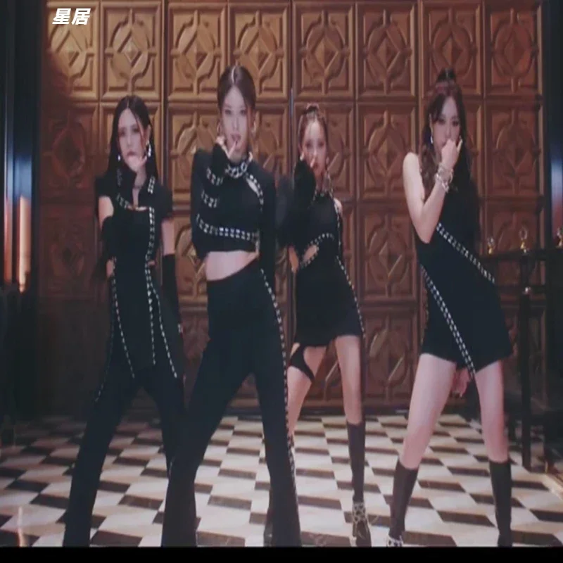 New Kpop Korean Women Group Jazz Dance Outfit Concert Sexy High Waist Pants Stage Dancewear Nightclub Slim Long Sleeve Crop Tops