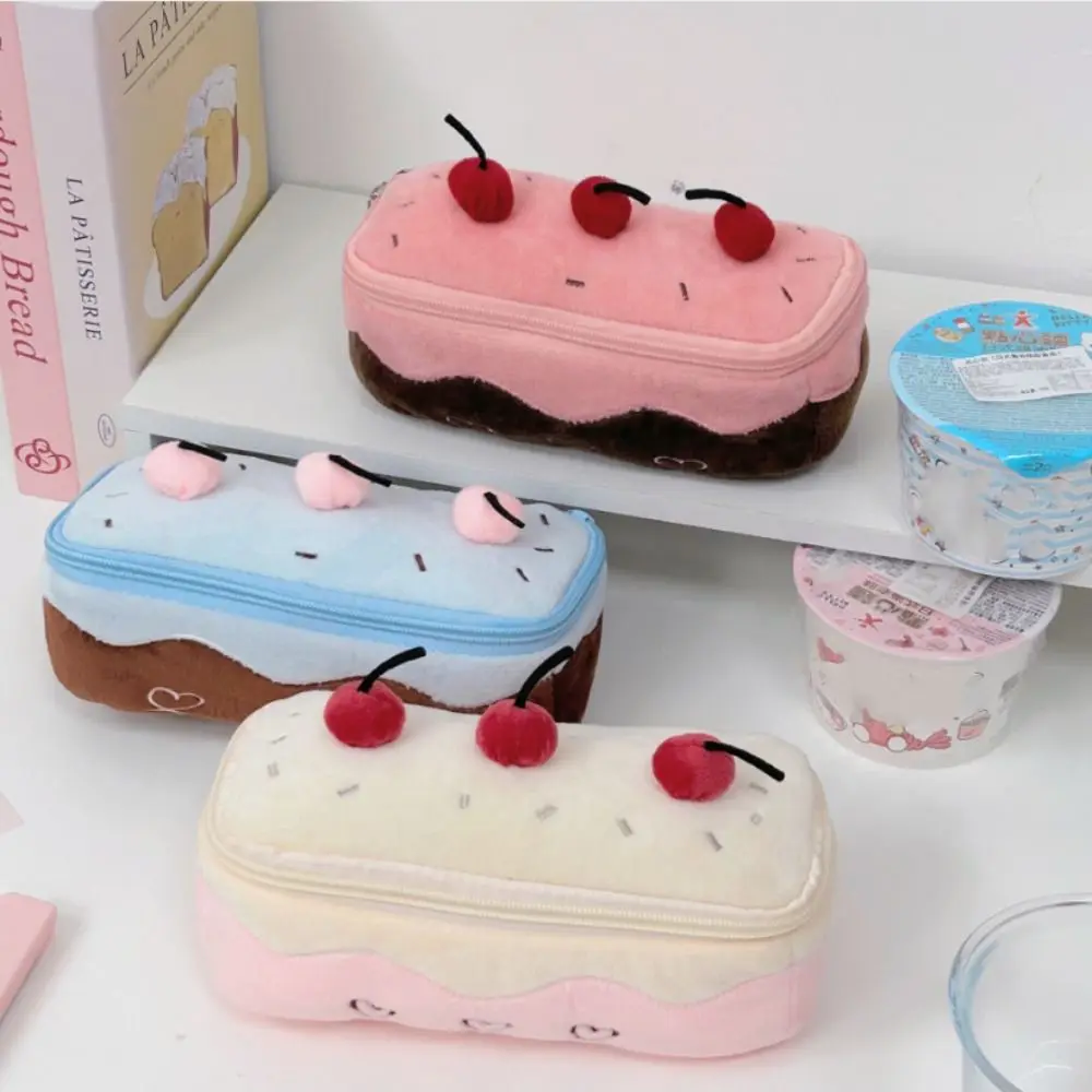 Creative Cake Cherry Pen Bag Heart Embroidered Stationery Bag Large Capacity Stuffed Pencil Pouch Stationery Box