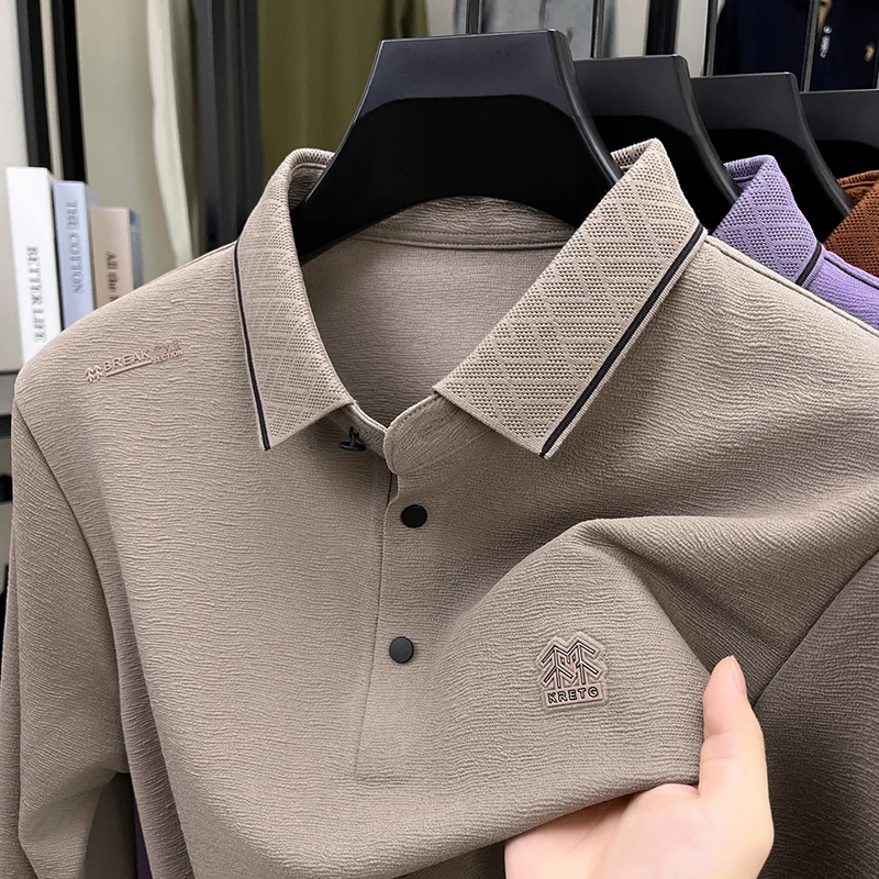 

Мужская футболка с длинными рукавами, осень 2022, новинка, высококачественная рябь, деловая мода для отдыха, ПОЛО