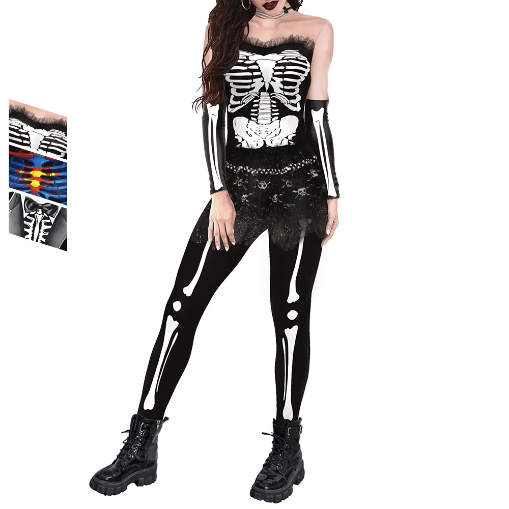 

Zawaland Women Men Fashion Jumpsuit Long Sleeve Skull Print Party Bodysuit Holiday Party Funny Cosplay Costumes Performance