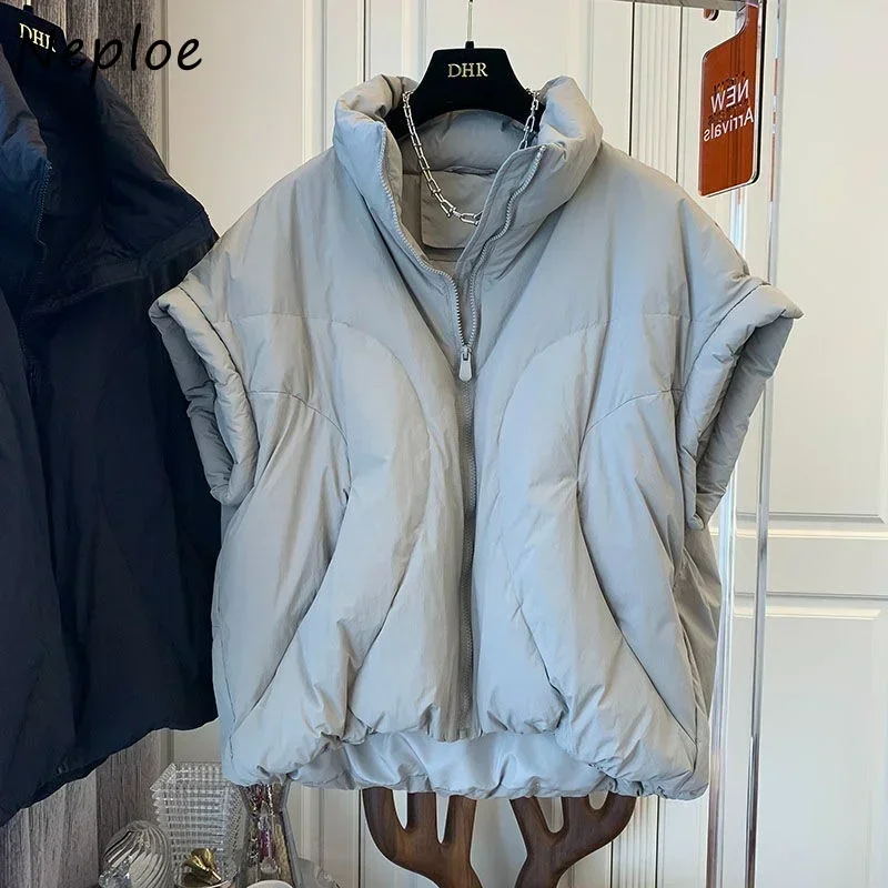 Neploe gola cor sólida sem mangas parkas 2025 coreano outono chique solto casual algodão zíper design sentido colete jaqueta