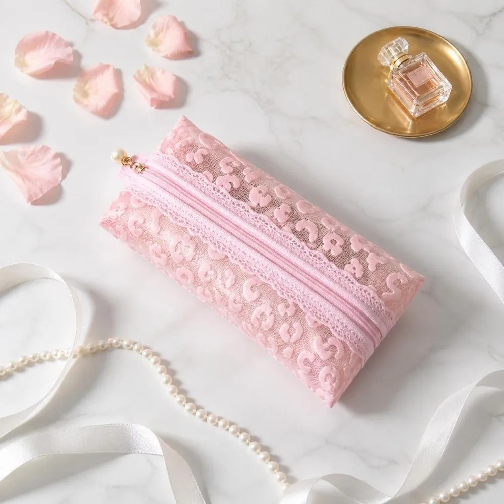Durable Mesh Makeup Bag Leopard Lace Pink Pencil Pouch Portable Compact Pencil Case Eyebrow Pencil