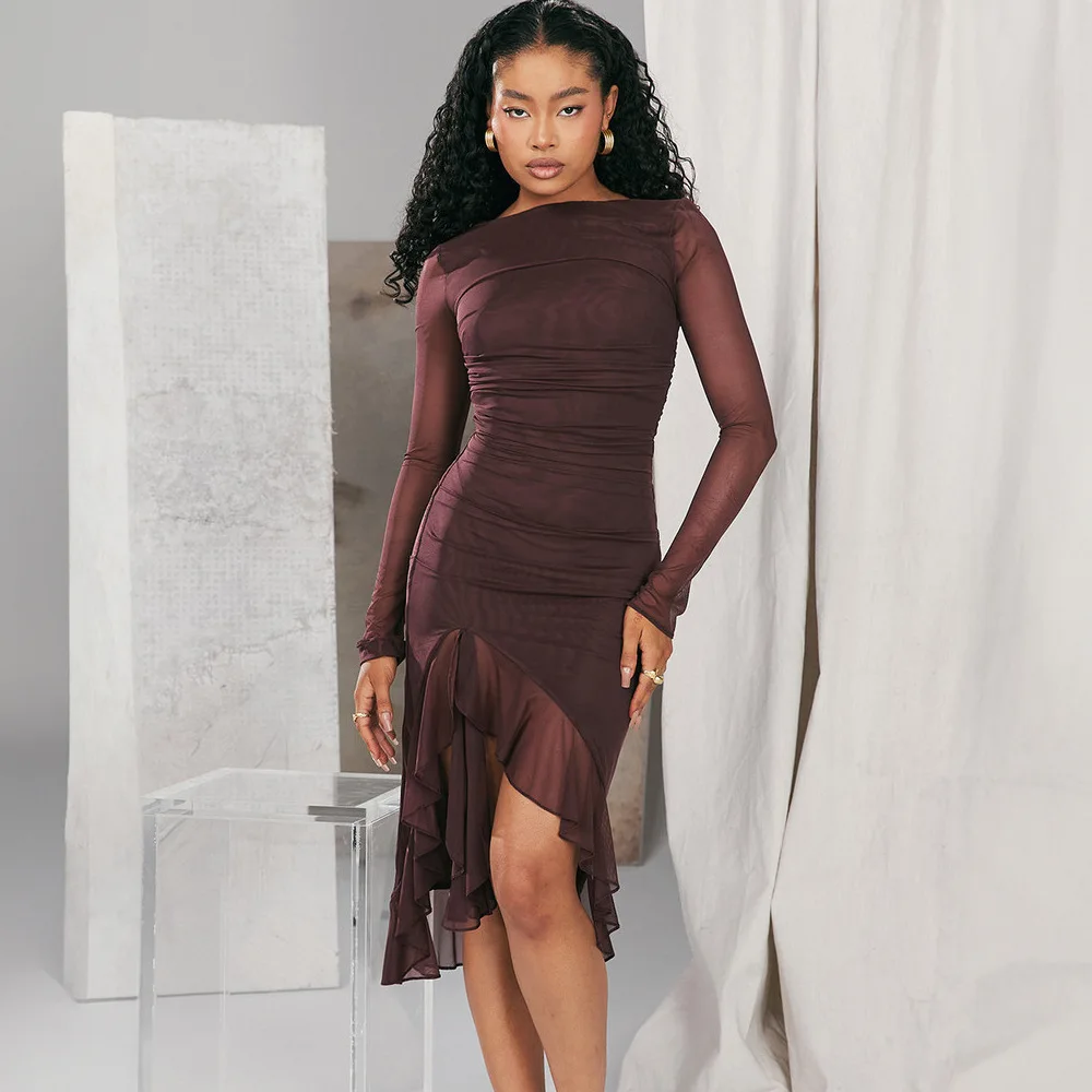 New Fashion Mesh Exposed Backpack Hip Ruffle Dresses Women Summer Sexy And Elegant Round Neck Irregular Slit Dress For Women