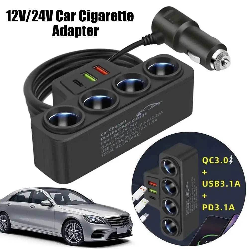 12V/24V Car Charger Adapter  Adapter 4-Socket USB Port 4 Way Cigarette Lighter USB Charger 120W Car Accessaries