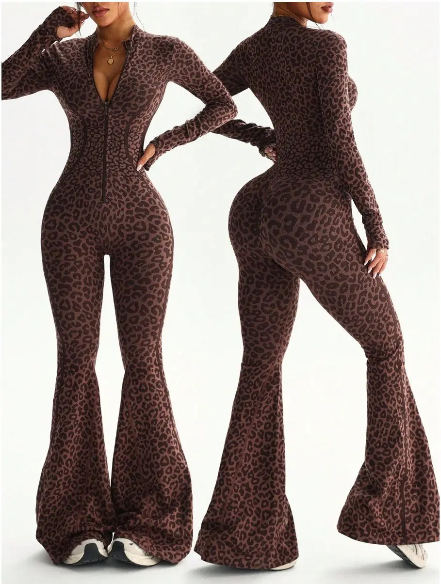 BB Zipper Women Seamless Jumpsuits Long Sleeve One Piece Yoga Set Leopard Fitness Gym Bodysuits Flare Pants Sports Activewear