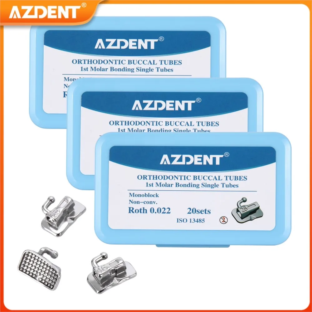 3 Boxes AZDENT Dental Orthodontic Buccal Tube MIM Monoblock 1st Molar Bondable Non-Convertible Laser Mark Roth MBT 022 80pcs/Box