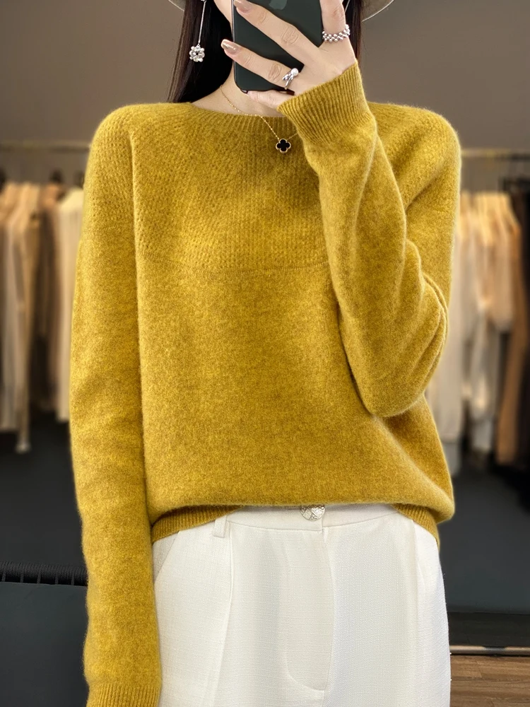 Autumn Winter Women Sweater O-Neck Long Sleeve 100% Merino Wool Hollow Solid Pullovers Cashmere Knitwear Korean Popular Clothes