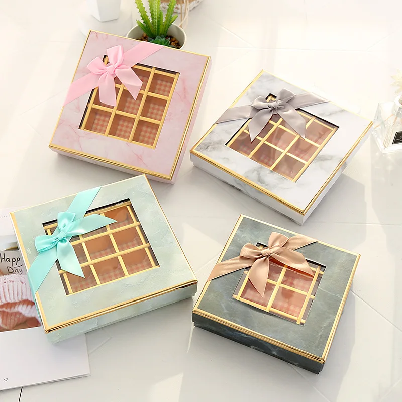 Chocolate Box 9 Grids Packaging Box Valentine's Day Dessert Chocolate Box Marble Gift Packaging Box Bow Festival Gift Box