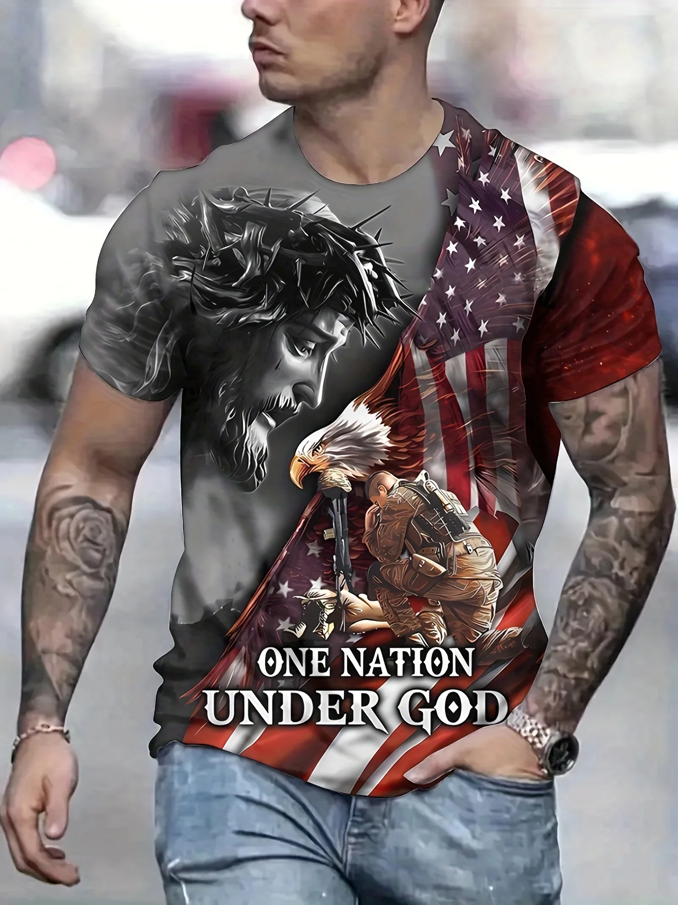 

Summer Men Vintage Jesus T-Shirt 3D Printed Eagle Clothing Male Casual Short Sleeve Tops Tees Fashion US Flag Graphic Streetwear