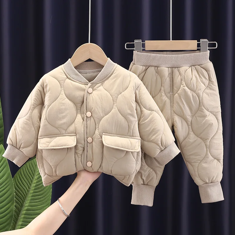 Korean version Baby Boy Clothes children's thickened insulation with cotton clip winter set suitable for baby top jacket+pants