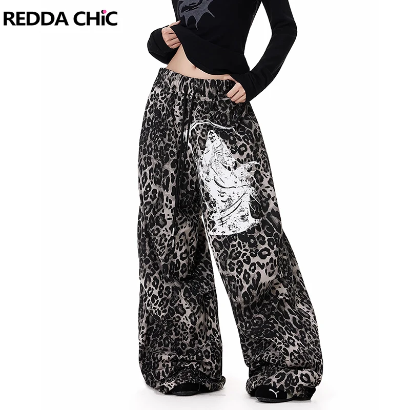 

REDDACHiC Death God Print Leopard Pants Women Vintage Drawstring Waist Pleated Wide Leg Parachute Pants Harajuku Y2k Streetwear