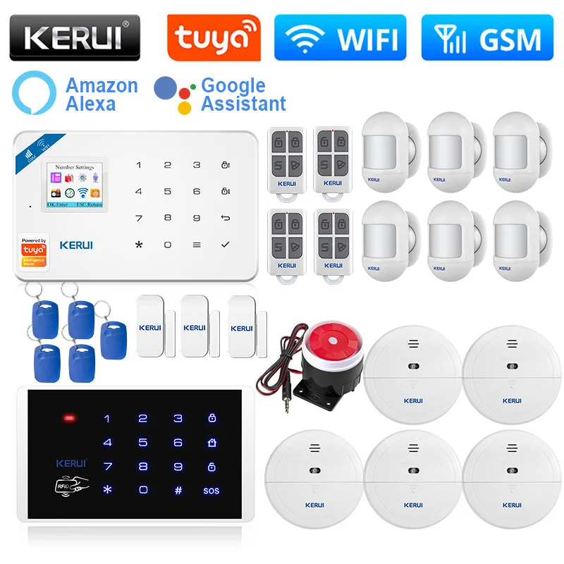 

KERUI W181 Tuya Smart Home Kit Alarm System WIFI GSM Alarm Support Alexa Motion Sensor Door Sensor 120db Siren Keyboard RFID