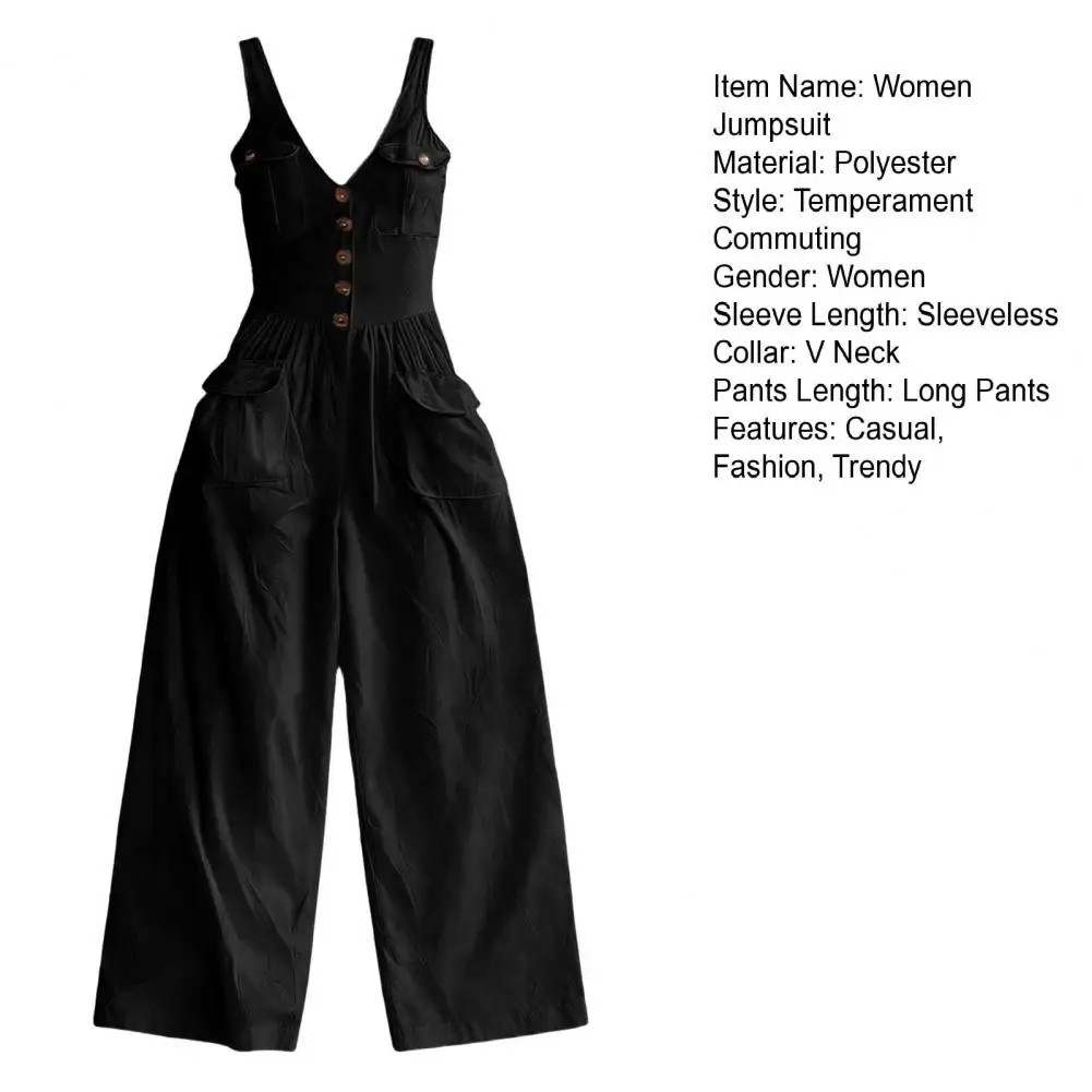 

Women Elegant Sleeveless Jumpsuit High Waist Pleated Wide Leg One Piece Overalls Holiday Casual Streetwear Rompers Pockets