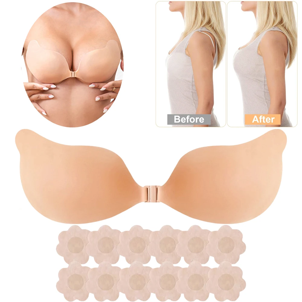 

Adhesive Strapless Sticky Bra Invisible Push Up Breast Pasties Reusable Silicone Nipple Cover Women's Backless Stick On Bras