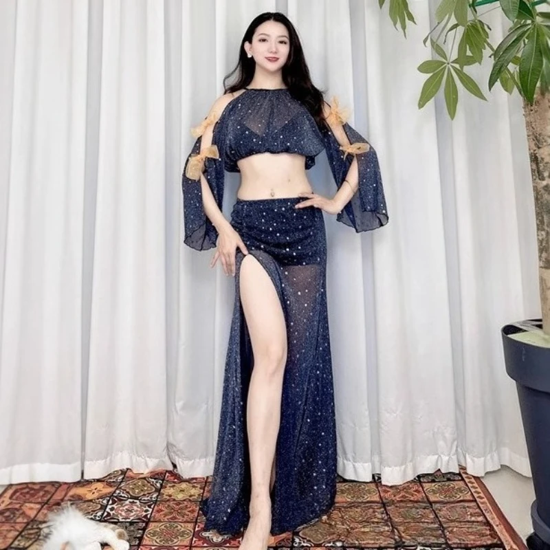 

Belly Dance Performance Suit for Women Gauze Half Sleeves Top+bingbing Long Skirt 2pcs Girl's Oriental Belly Dancing Wear Outfit