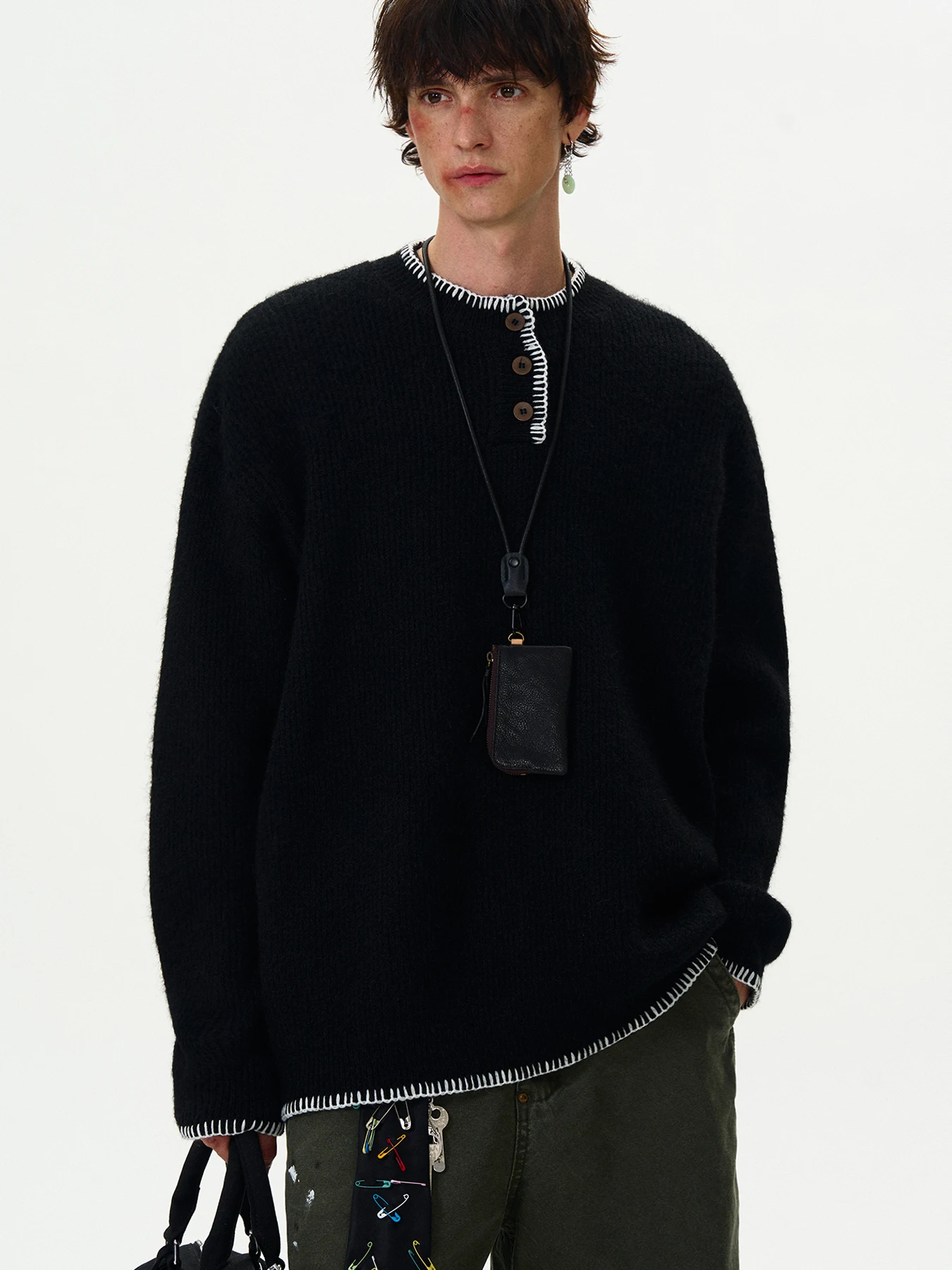 

Retro Knitted Sweater Henry Collar ex Casual Loose Fit Long Sve Polyester Fiber Warmth Young Men Women Autumn Faion