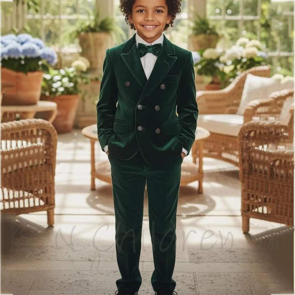 

Green Velvet Kids Boy Suit 2 Pieces Fashoin Peaked Lapel Double Breasted Costume Formal Occasion Banquet Child Clothes Set