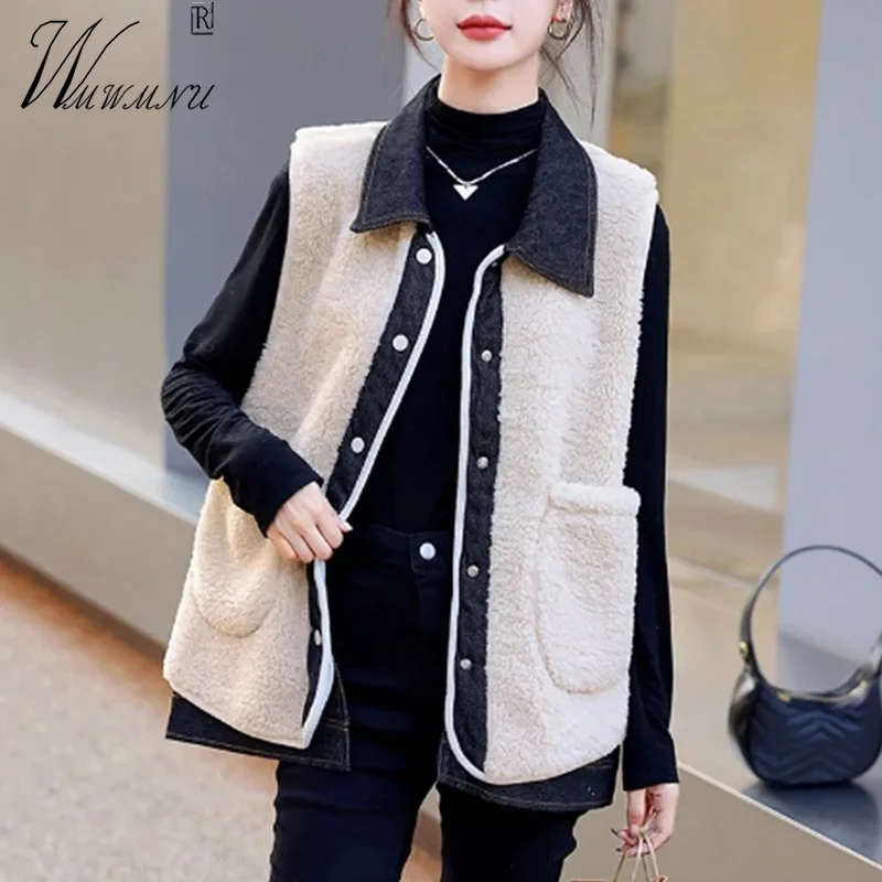 

Casual Patchwork Teddy Vest Women Lapel Oversize 4xl Sleeveless Lambswool Jacket Single Breasted Trend Fur Thick Short Waistcoat