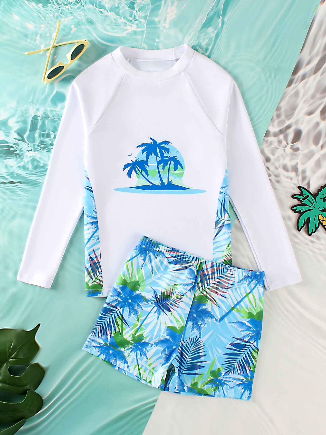 Boy Kids Swimsuit 2026 New White Long Sleeves Coconut Tree Children Swimwear Summer Two Piece Beach Wear Bathing Suit Swimming