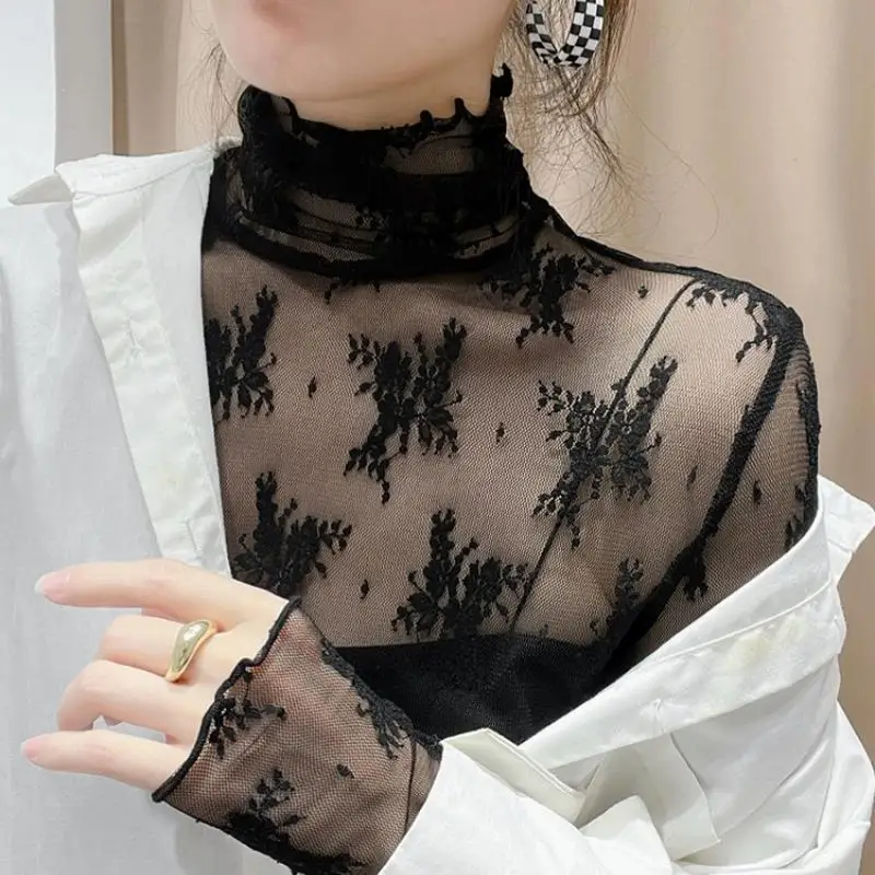 

Женская осенне-зимняя новинка 2025: кружевная базовая блузка с высоким воротником, прозрачная, с вырезами, с длинными рукавами, уникальная, изысканная.