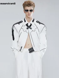 Mauroicardi Spring Autumn Short Patchwork Leather Jackets for Men Long Sleeve Runway Cool Luxury Designer Clothes Fashion 2022